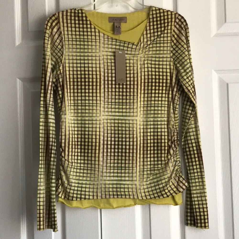 Vintage Layered Geometric Pattern Cotton Olive tan brown chartreuse Top Small